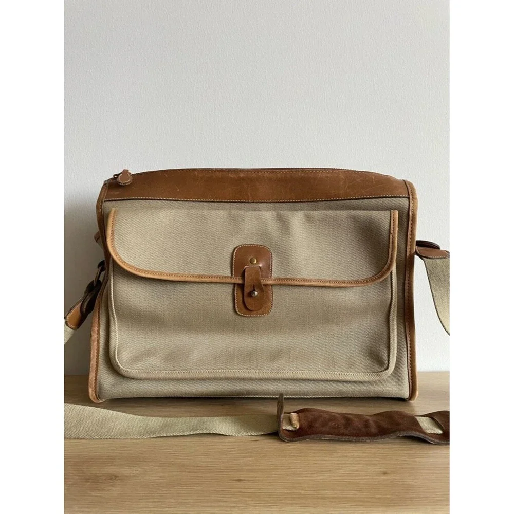 Brahmin x Sperry canvas vintage messenger laptop bag beige brown leather trim
